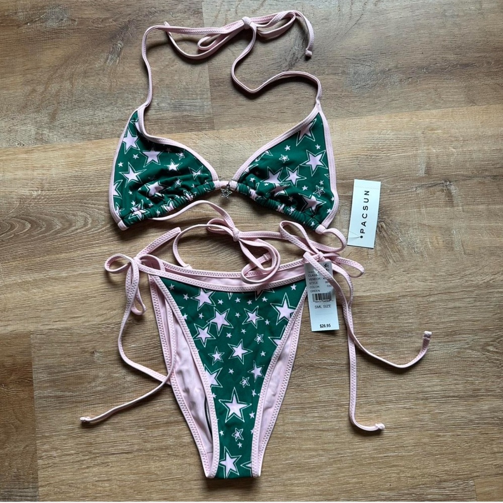 NWT PacSun Green and Pink Star Bikini